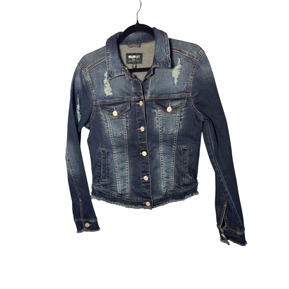 William Rast Womens Sussex Denim Jacket M Dark Wash Distressed Raw Hem Grunge